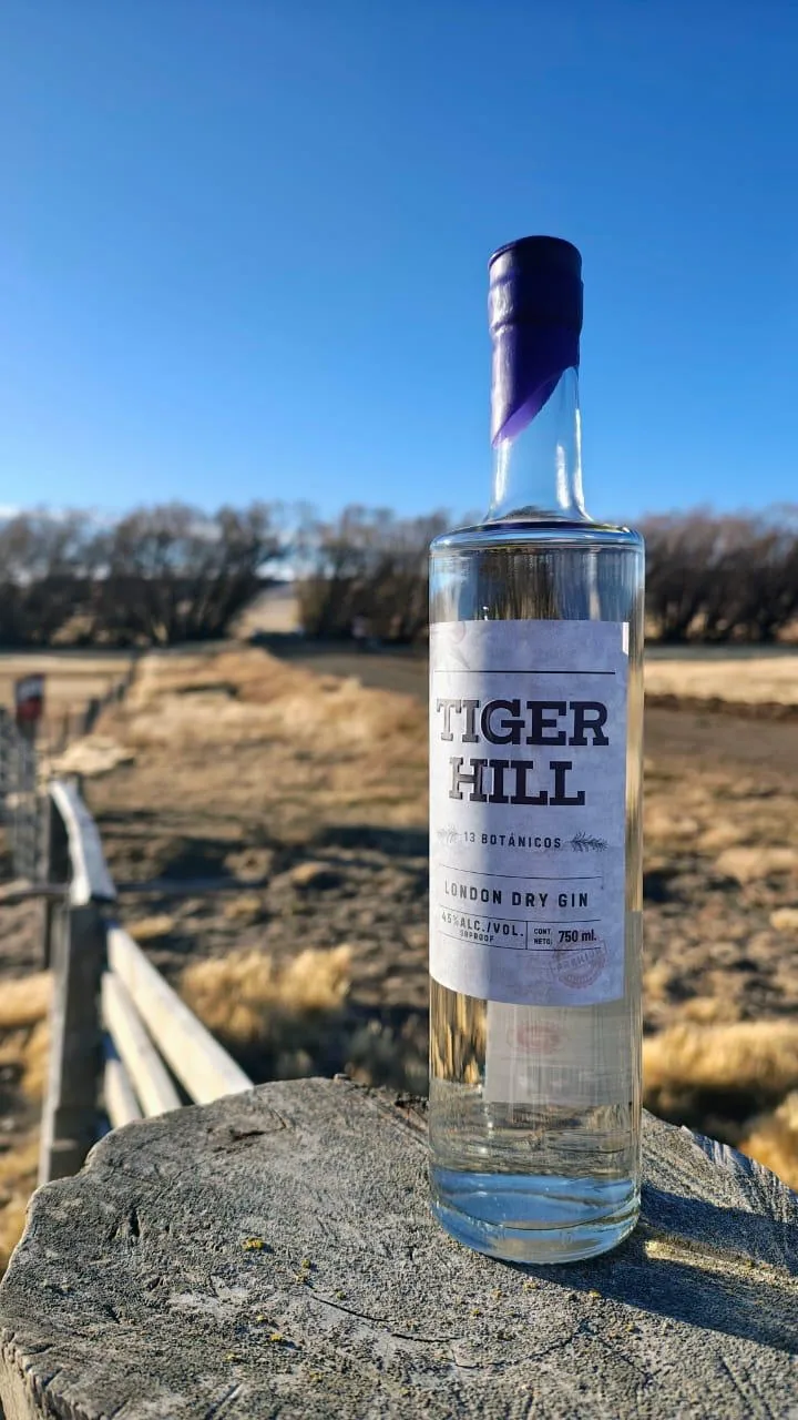 Bottle of Tiger Hill London Dry Gin on a tree stump in the countryside, under a clear sky