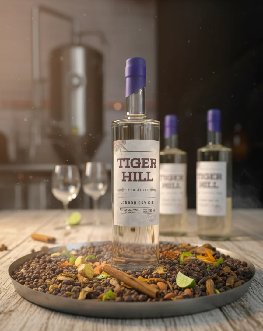 Botella de Tiger Hill London Dry Gin sobre una bandeja con botánicos, con otras dos botellas y la destilería de fondo