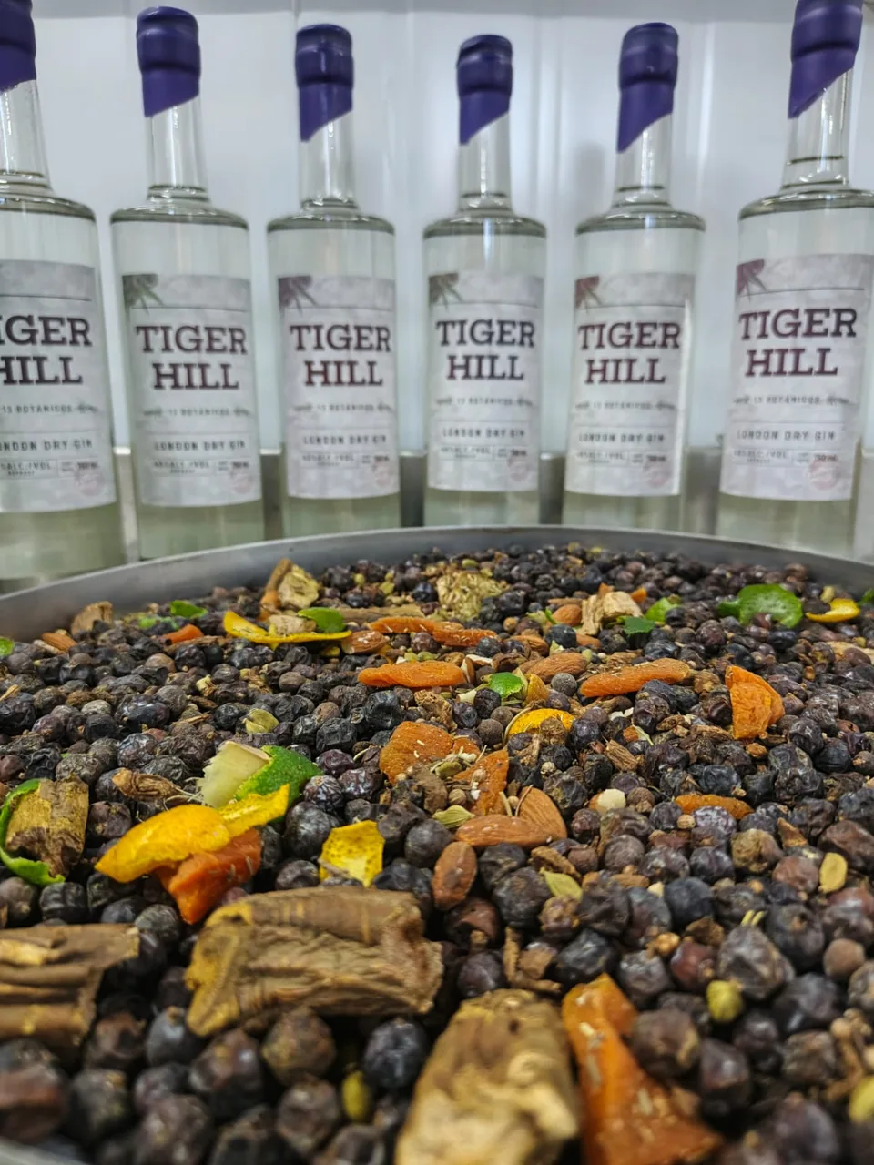 A row of Tiger Hill London Dry Gin bottles behind a tray of botanicals