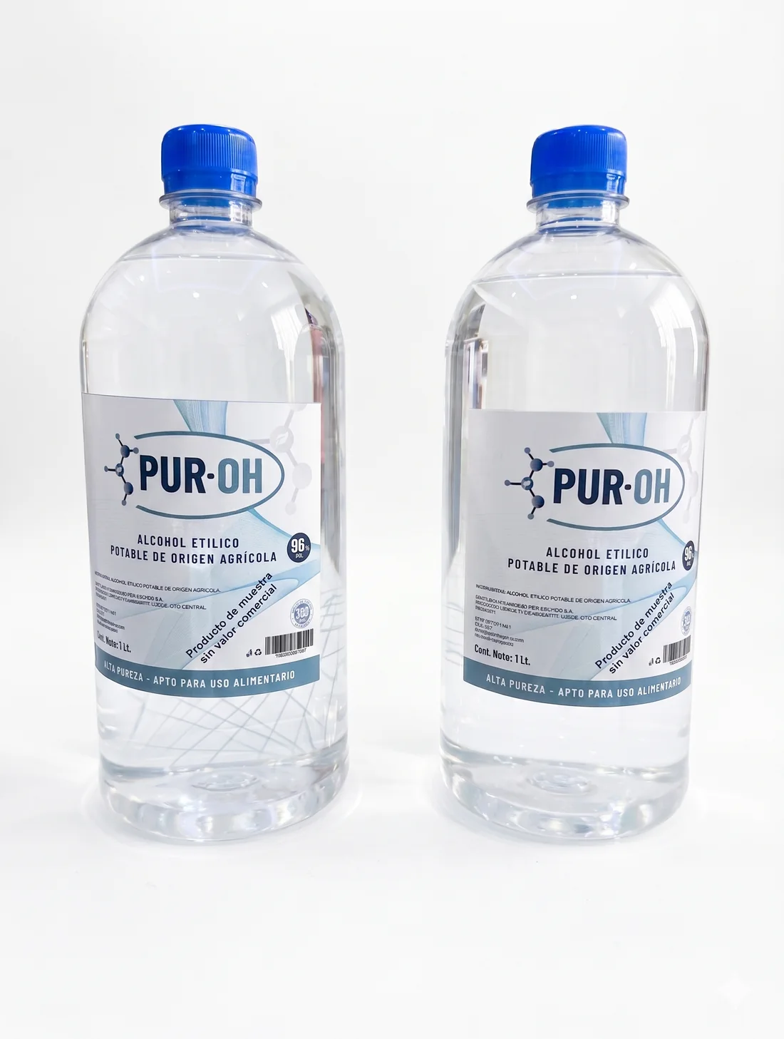 Two bottles of PUR-OH, potable ethyl alcohol of agricultural origin, 1-liter presentation